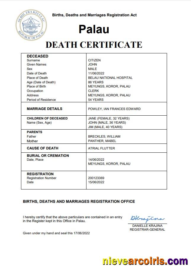 Palau vital record death certificate